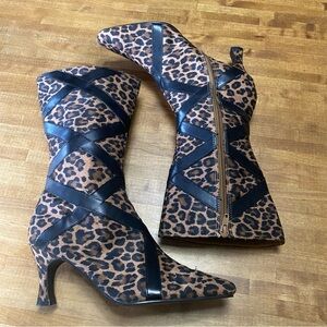 Annie Leopard Print Heeled Boots with Black Straps